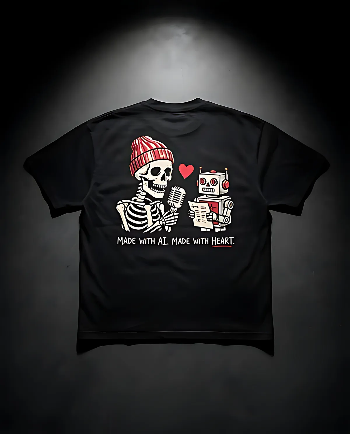 Black tee with the beanie skeleton: Made with AI. Made with heart.