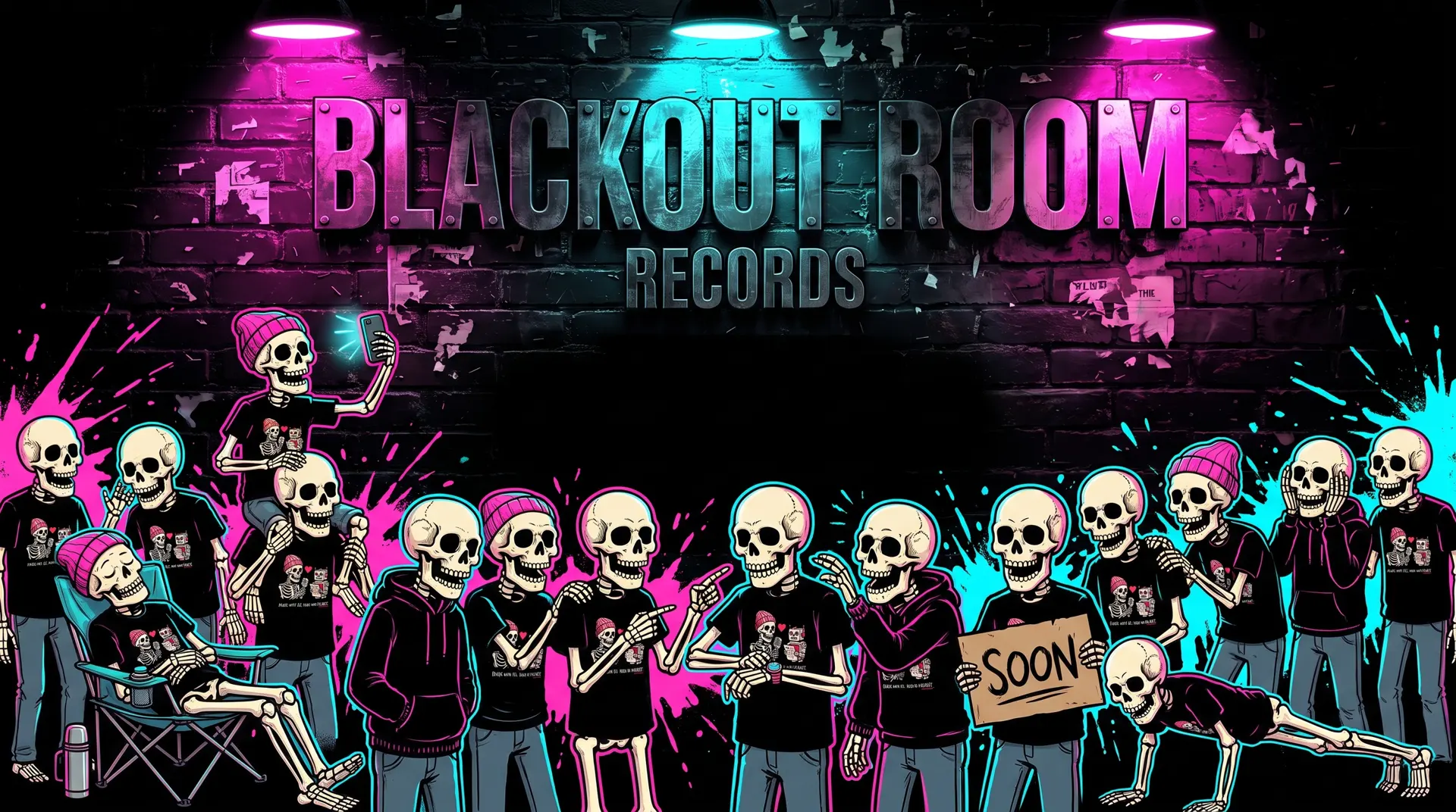A packed crowd of skeletons in Blackout Room merch waiting under the iron Blackout Room Records logo on a black brick wall