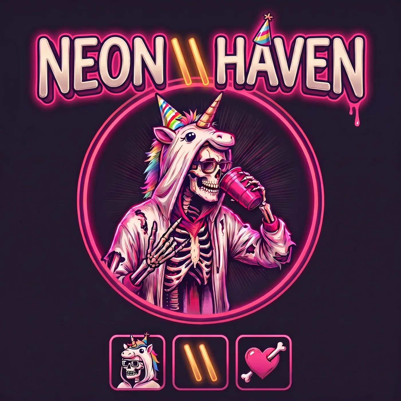 The Neon\\Haven crest: a skeleton in a torn unicorn onesie with a pink cup, in a hot pink ring